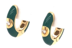 .05CT DIAMOND & GREEN ENAMEL 18KT YELLOW GOLD SOLITAIRE HUGGIE HANGING EARRINGS