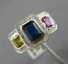 ESTATE WIDE 2.57CT DIAMOND & MULTI COLOR SAPPHIRE 18K WHITE GOLD ENGAGEMENT RING