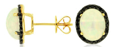 3.70CT BLACK DIAMOND & AAA OPAL 14KT YELLOW GOLD 3D OVAL & ROUND STUD EARRINGS