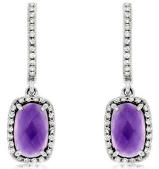 2.11CT DIAMOND & AAA AMETHYST 14K WHITE GOLD 3D CUSHION & ROUND HANGING EARRINGS