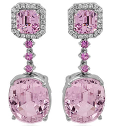 LARGE 50.65CT DIAMOND & AAA PINK SAPPHIRE & KUNZITE 18KT WHITE GOLD FUN EARRINGS