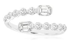 WIDE 1.10CT DIAMOND 14KT WHITE GOLD 3D ROUND & EMERALD CUT CRISS CROSS LOVE RING