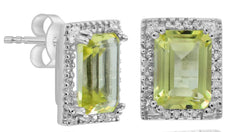 3.08CT DIAMOND & AAA LEMON QUARTZ 14KT WHITE GOLD EMERALD CUT & ROUND EARRINGS