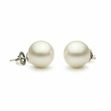 ESTATE AAA 10.5MM PEARL 14KT WHITE GOLD 3D CLASSIC ROUND SOLITAIRE STUD EARRINGS