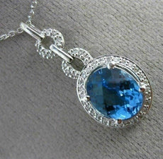 ESTATE 3.10CT DIAMOND & AAA BLUE TOPAZ 14K WHITE GOLD OVAL HALO FLOATING PENDANT