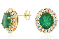 5.05CT DIAMOND & AAA EMERALD 14KT YELLOW GOLD OVAL & ROUND FLOWER STUD EARRINGS
