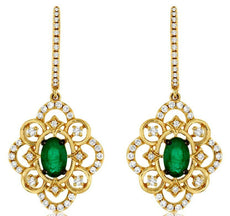 1.27CT DIAMOND & AAA EMERALD 14K YELLOW GOLD 3D FLOWER FILIGREE HANGING EARRINGS