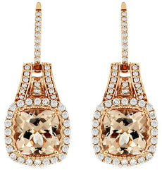 4.70CT DIAMOND & AAA MORGANITE 14KT ROSE GOLD CUSHION & ROUND HANGING EARRINGS