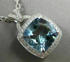 ESTATE MASSIVE 13.83CT DIAMOND & AQAUAMARINE 14KT WHITE GOLD HALO SQUARE PENDANT