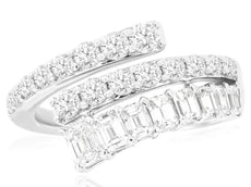 LARGE 1.80CT DIAMOND 14KT WHITE GOLD ROUND & EMERALD CUT 3 ROW CRISS CROSS RING