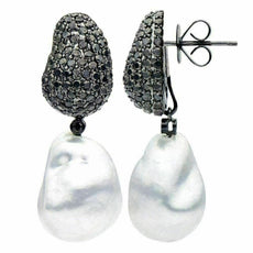 ESTATE LARGE 3.1CT BLACK DIAMOND & AAA SOUTH SEA PEARL 18KT BLACK GOLD EARRINGS