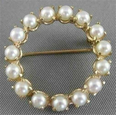 ESTATE 4MM NATURAL SEA PEARL CIRCLE WREATH 14KT YELLOW GOLD PIN PENDANT #20857