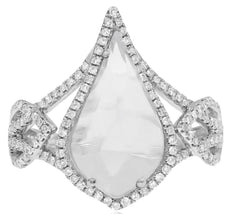 LARGE 3.40CT DIAMOND & AAA WHITE TOPAZ 14KT WHITE GOLD PEAR SHAPE & ROUND RING