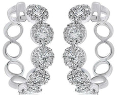 1.41CT DIAMOND 18KT WHITE GOLD MULTI FLOWER CLASSIC HALO HOOP HANGING EARRINGS