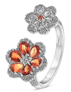 2.13CT DIAMOND & AAA ORANGE SAPPHIRE 14KT WHITE GOLD 3D DOUBLE FLOWER LOVE RING