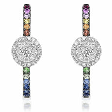 ESTATE .86CT DIAMOND & AAA MULTI COLOR SAPPHIRE 14K WHITE GOLD HOOP EARRINGS