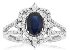 1.33CT DIAMOND & AAA SAPPHIRE 14K WHITE GOLD OVAL & ROUND HALO SQUARE CROWN RING
