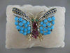 ANTIQUE LARGE DIAMOND RUBY SAPPHIRE TURQUOISE 14K W&Y GOLD BUTTERFLY PIN #2187