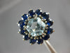 ESTATE 5.40CT AAA SAPPHIRE & AQUAMARINE 14KT WHITE GOLD FLOWER HEXAGON FUN RING
