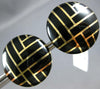 ESTATE LARGE BLACK ENAMEL 14K YELLOW GOLD 3D CIRCULAR CRISS CROSS STUD EARRINGS