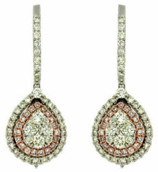 ESTATE 1.20CT WHITE & PINK DIAMOND 14KT WHITE ROSE GOLD CLUSTER HANGING EARRINGS