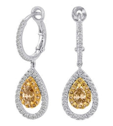 2.15CT WHITE CHOCOLATE FANCY DIAMOND 18KT 2 TONE GOLD TEAR DROP HANGING EARRINGS