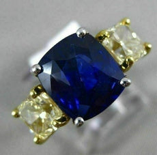 LARGE 7.52CT FANCY YELLOW DIAMOND & AAA SAPPHIRE 14K 2 TONE GOLD ENGAGEMENT RING