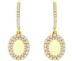 1.85CT DIAMOND & AAA OPAL 14KT YELLOW GOLD 3D OVAL DOUBLE HALO HANGING EARRINGS