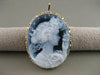 LARGE ESTATE 14KT YELLOW GOLD BLUE AGATE GIRL CAMEO FILIGREE PIN PENDANT #20769