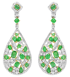 18.75CT DIAMOND & AAA EMERALD 18KT 2 TONE GOLD 3D MULTI SHAPE HANGING EARRINGS