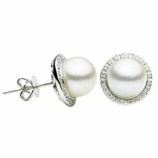 ESTATE .10CT DIAMOND & AAA PEARL 14KT WHITE GOLD 3D CLASSIC HALO STUD EARRINGS