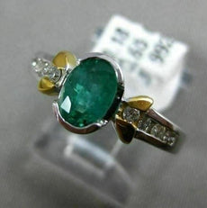 ESTATE .83CT DIAMOND & EMERALD 14K TWO TONE GOLD OVAL SEMI BEZEL ENGAGEMENT RING
