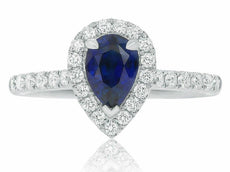 ESTATE .96CT DIAMOND & AAA SAPPHIRE 18K WHITE GOLD 3D PEAR SHAPE ENGAGEMENT RING