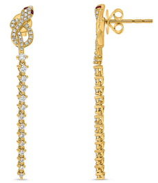 LONG .58CT DIAMOND & AAA RUBY 14KT YELLOW GOLD SNAKE LOVE KNOT HANGING EARRINGS