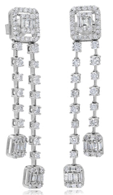 LARGE 2.09CT DIAMOND 18K WHITE GOLD ROUND & BAGUETTE BY THE YARD SQUARE EARRINGS