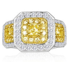 WIDE 2.47CT WHITE & FANCY YELLOW DIAMOND 18K 2 TONE GOLD CUSHION ENGAGEMENT RING
