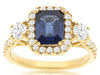 2.85CT DIAMOND & AAA SAPPHIRE 14KT YELLOW GOLD EMERALD CUT & ROUND 3 STONE RING