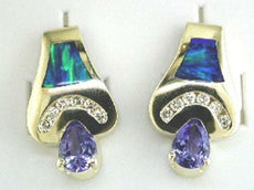1.78CT DIAMOND AAA TANZANITE & OPAL 14KT YELLOW GOLD TEAR DROP HANGING EARRINGS
