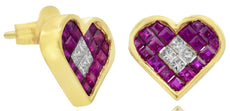1.24CT DIAMOND & AAA RUBY 14KT YELLOW GOLD PRINCESS INVISIBLE LOVE STUD EARRINGS