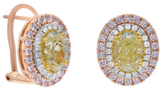 LARGE 3.96CT MULTI COLOR DIAMOND 18KT TRI COLOR GOLD 3D OVAL HALO STUD EARRINGS
