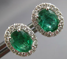 LARGE 2.43CT DIAMOND & AAA COLUMBIAN EMERALD 18KT WHITE GOLD OVAL STUD EARRINGS