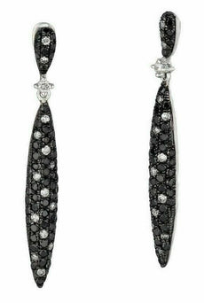 1.13CT WHITE & BLACK DIAMOND 14K WHITE GOLD ELONGATED TEAR DROP HANGING EARRINGS