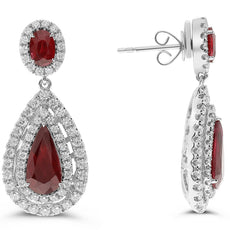 2.78CT DIAMOND & AAA RUBY 14K WHITE GOLD DOUBLE HALO TEAR DROP HANGING EARRINGS
