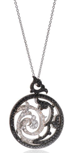 1.48CT WHITE BLACK & BROWN DIAMOND 18KT WHITE GOLD 3D FILIGREE FLOATING PENDANT