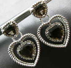 4.35CT DIAMOND & AAA SMOKEY TOPAZ 14KT WHITE GOLD TRIPLE HEART HANGING EARRINGS