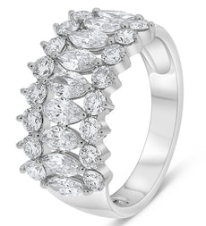 LARGE 2CT DIAMOND 14K WHITE GOLD MARQUISE & ROUND 3 ROW WEDDING ANNIVERSARY RING
