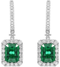 4.68CT DIAMOND & AAA EMERALD 18KT WHITE GOLD 3D SQUARE & ROUND HANGING EARRINGS