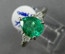 ESTATE 1.65CT DIAMOND & AAA COLOMBIAN EMERALD PLATINUM 3 STONE ENGAGEMENT RING