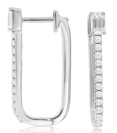 .68CT DIAMOND 14K WHITE GOLD 3D ROUND & EMERALD CUT HUGGIE HOOP HANGING EARRINGS