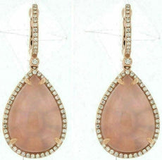 ESTATE LARGE 24.58CT DIAMOND & AAA ROSE QUARTZ 14K ROSE GOLD PEAR SHAPE EARRINGS